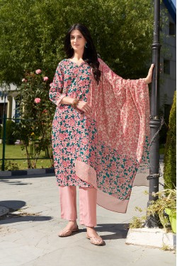 Pink Cotton Blend Straight Floral Printed Kurta Se...