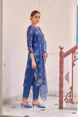 Rich Blue Pure Tabby Digital Printed Straight Embr...