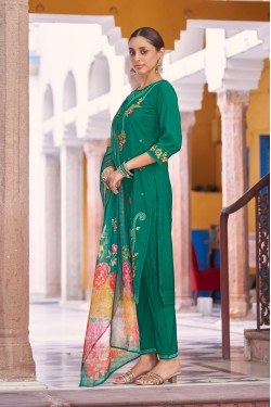 Emerald Green Roman Silk A-line Floral Embroidered...