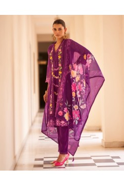 Rich Purple Silk Blend Straight-cut Floral embroid...