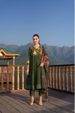 Dark green Silk Blend Anarkali Style embroidered k...