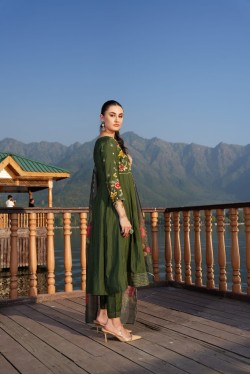 Dark green Silk Blend Anarkali Style embroidered k...
